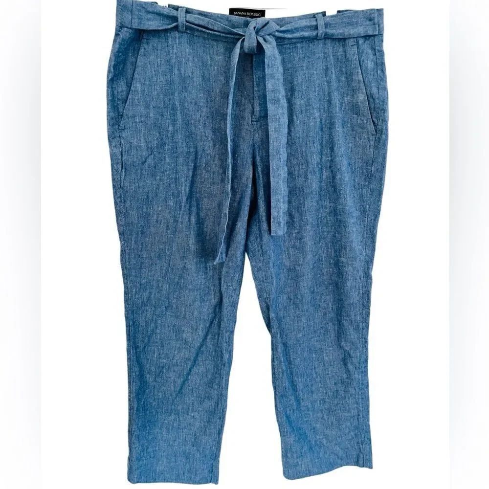 Banana Republic blue linen blend tie front cropping crop pants size 10 petite.